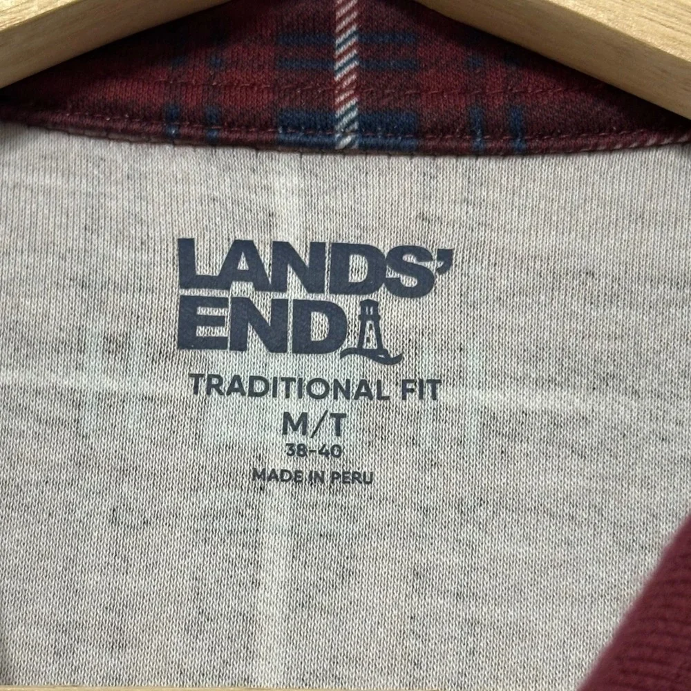 Lands End Mens Medium Tall Traditional Fit Long Sleeve Polo Shirt Plaid Burgundy